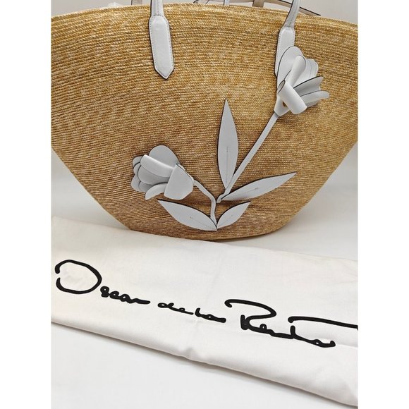 OSCAR DE LA RENTA tulip raffia large tote + Dust bag --NATURAL/WHITE - Picture 11 of 13
